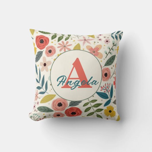 Pretty Blush Pink Floral Botanical Monogram  クッション (正面)