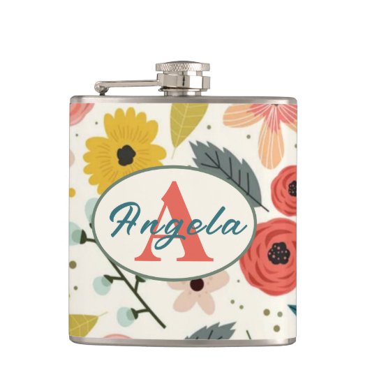 Pretty Blush Pink Floral Botanical Monogram  フラスク (正面)