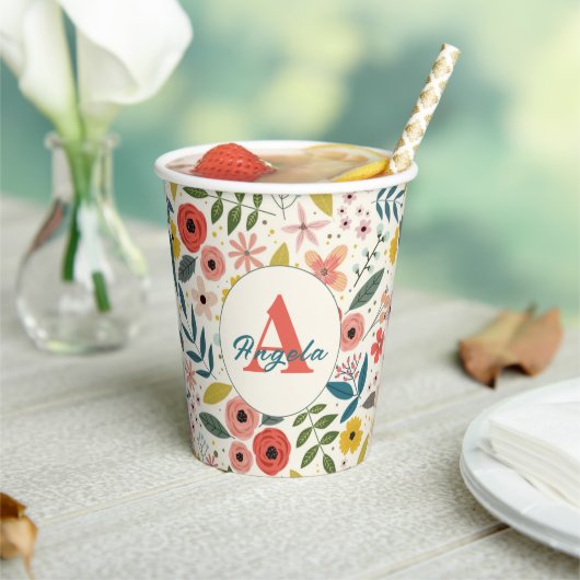 Pretty Blush Pink Floral Botanical Monogram  紙コップ (インサイチュ)