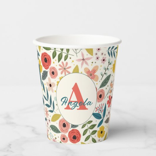 Pretty Blush Pink Floral Botanical Monogram  紙コップ (正面)