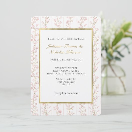 Pretty Blush Pink Floral Stripes Wedding 招待状 (スタンド正面)