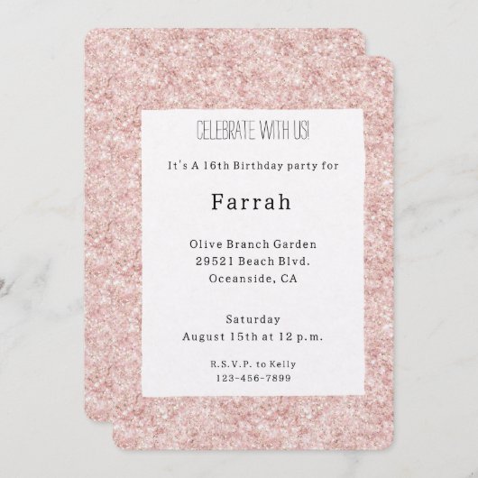 Pretty Blush Pink Glitter Birthday   招待状 (正面/裏面)