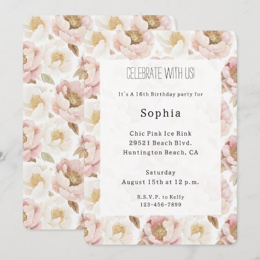 Pretty Blush Pink Gold Floral Birthday 招待状 (正面/裏面)
