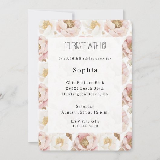 Pretty Blush Pink Gold Floral Birthday 招待状 (正面)