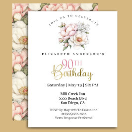Pretty Blush Pink Peony Floral 90th Birthday 招待状