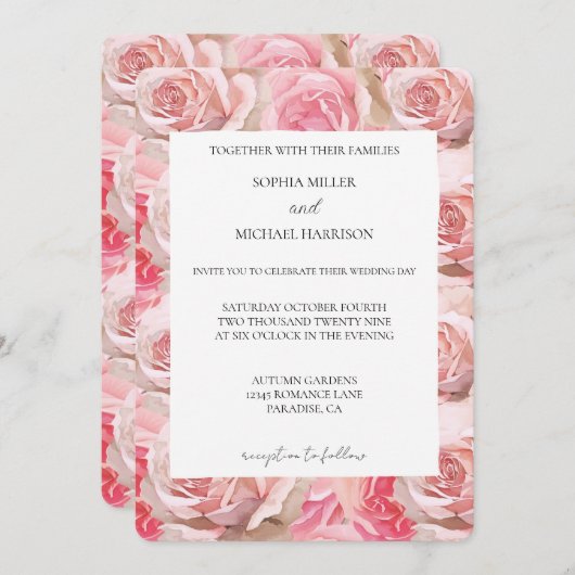 Pretty Blush Pink Roses Floral Wedding 招待状 (正面/裏面)