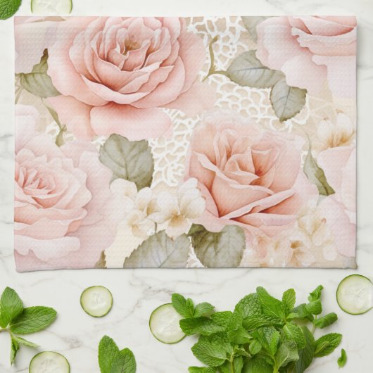 pretty Blush Pink Roses Floral Wedding Shower キッチンタオル (折り畳み)