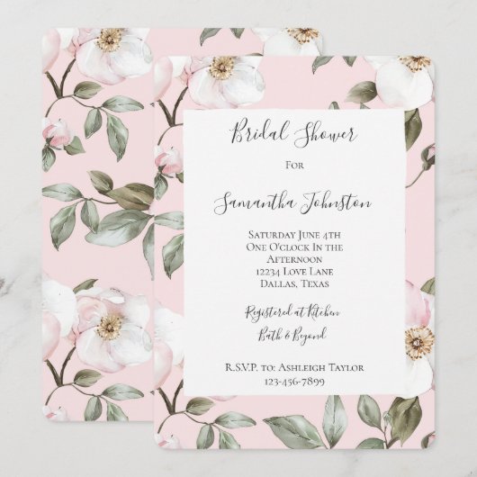 Pretty Blush Pink White Flowers Bridal Shower 招待状 (正面/裏面)