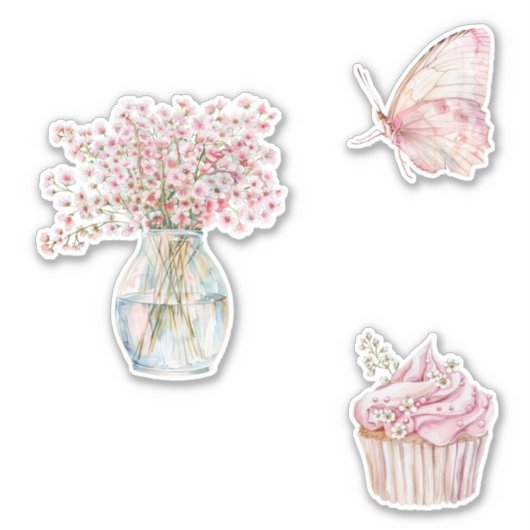 Pretty Blush Pink White Flowers Butterfly  シール (正面)