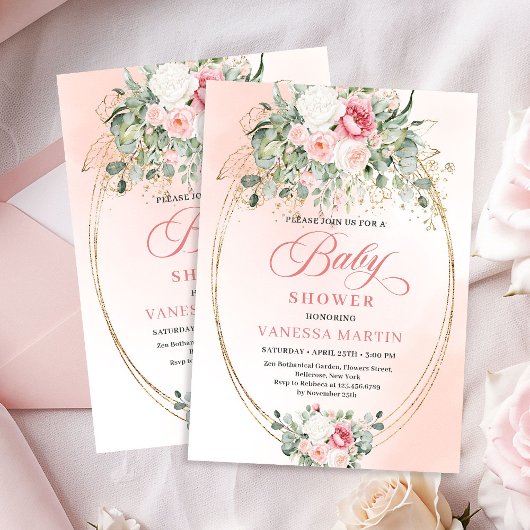 Pretty Blush Rose Girl Baby Shower Party Invite 招待状