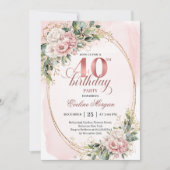 Pretty Bohemian Dusty Pink Flowers 40th Birthday  招待状 (正面)