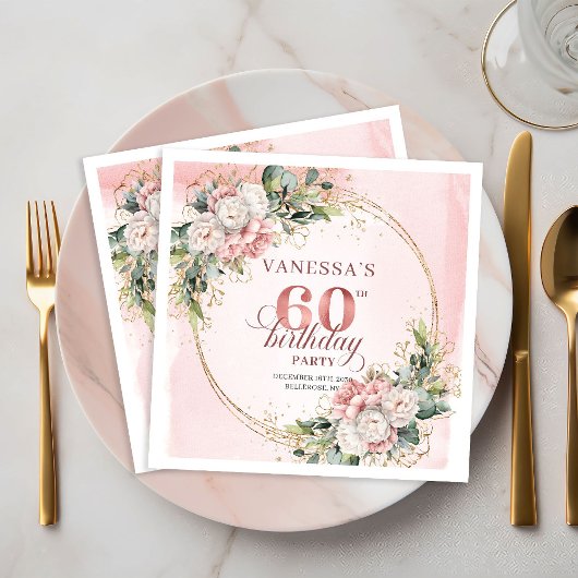 Pretty Boho Blush Pink Watercolor 60th Birthday   スタンダードカクテルナプキン