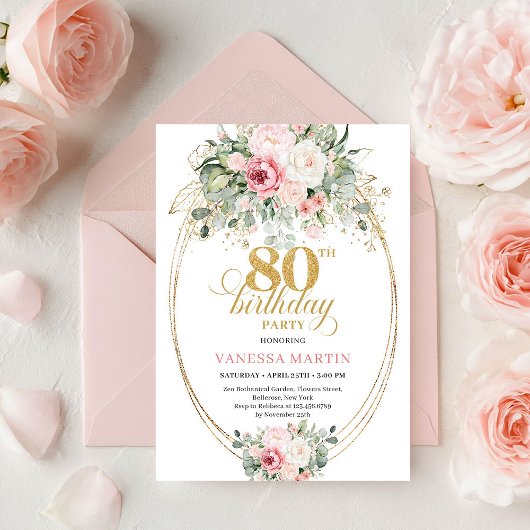 Pretty Boho Blush Roses 80歳の誕生日招待状 招待状