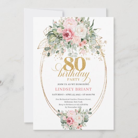 Pretty Boho Blush Roses 80th Birthday Invitation  招待状 (正面)