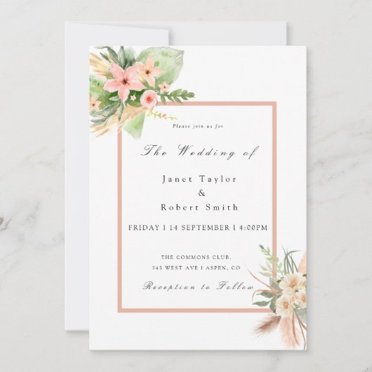 Pretty Boho Bouquet with Blush Border Wedding 招待状 (正面)