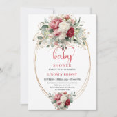 Pretty Boho Burgundy Pink Gold Floral Baby Invites 招待状 (正面)