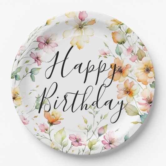 Pretty Boho Orange Pink Watercolor Wildflowers ペーパープレート (正面)