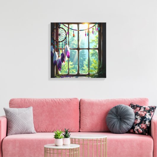Pretty Boho Purple Dreamcatcher in Window   キャンバスプリント (インサイチュ (リビング))