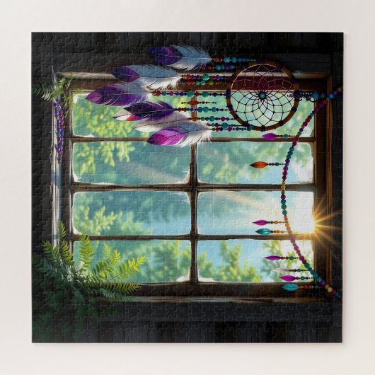 Pretty Boho Purple Dreamcatcher in Window ジグソーパズル (横)