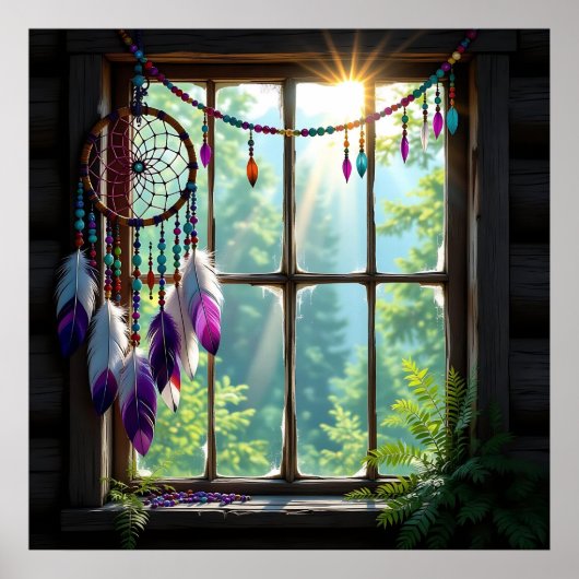 Pretty Boho Purple Dreamcatcher in Window ポスター (正面)