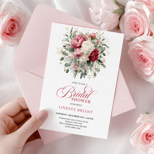 Pretty Boho Ruby White Gold Floral Bridal Shower  招待状