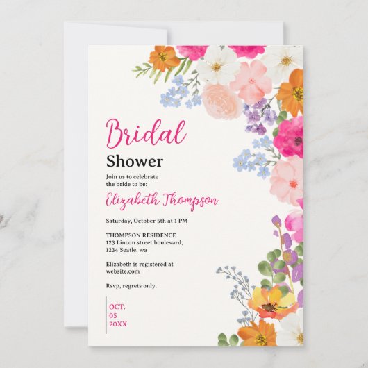 Pretty Boho Wildflowers Bridal Shower 招待状 (正面)