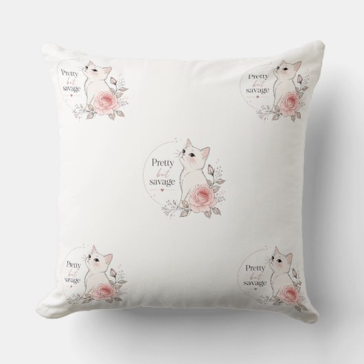 Pretty But Savage Kawaii Cat Rose Pillow クッション (正面)