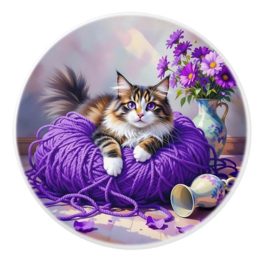 Pretty Cat with Purple Flowers and Yarn   セラミックノブ (正面)