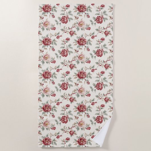 Pretty Chic Red Cream Floral  ビーチタオル (正面)