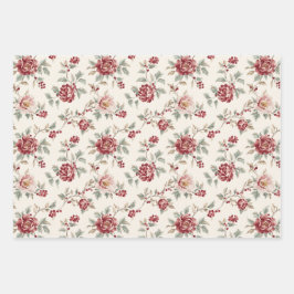 Pretty Chic Red Cream Floral Birthday  ラッピングペーパーシート