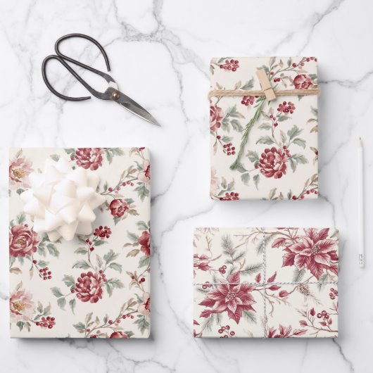 Pretty Chic Red Cream Floral Birthday  ラッピングペーパーシート (正面)
