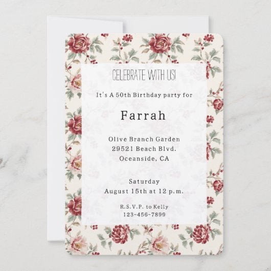 Pretty Chic Red Cream Floral Birthday   招待状 (正面)