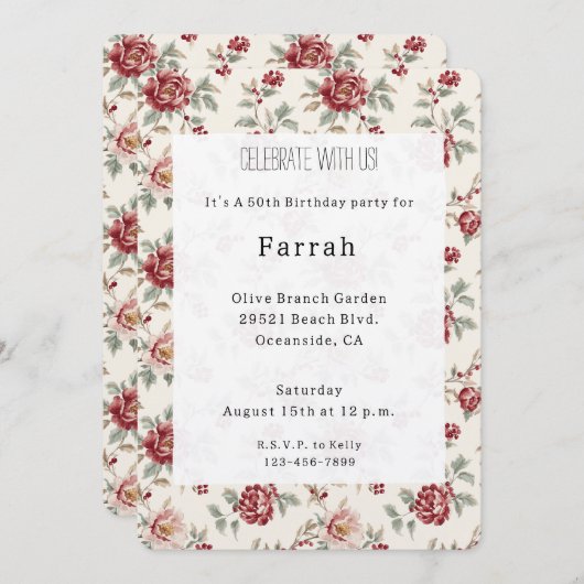 Pretty Chic Red Cream Floral Birthday   招待状 (正面/裏面)