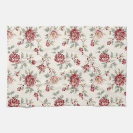 Pretty Chic Red Cream Floral Wedding キッチンタオル