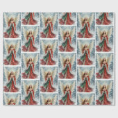 Pretty Christmas Angel in Red & Green w Snow ラッピングペーパー (フラット)