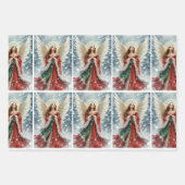 Pretty Christmas Angel in Red & Green w Snow 3 ラッピングペーパーシート (正面3)