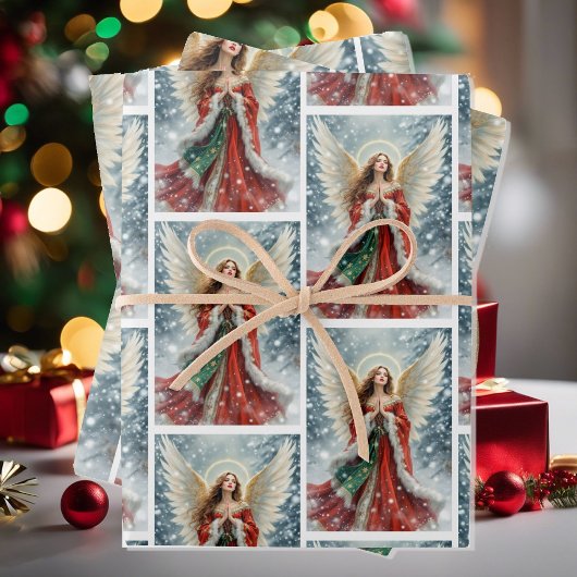 Pretty Christmas Angel in Red & Green w Snow 3 ラッピングペーパーシート