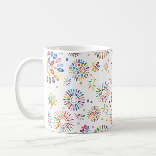 Pretty Colorful Flowers Circles Pattern on White コーヒーマグカップ (左)