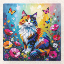 Pretty Colorful Impasto Cat and Flowers ガラスコースター