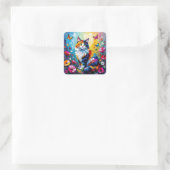 Pretty Colorful Impasto Cat and Flowers スクエアシール (バッグ)