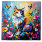 Pretty Colorful Impasto Cat and Flowers タイル (正面)