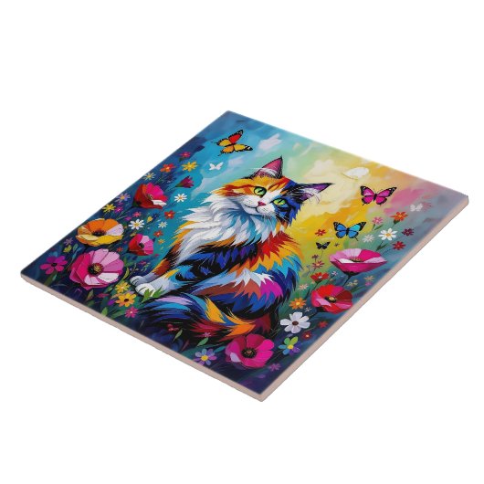 Pretty Colorful Impasto Cat and Flowers タイル (側面)