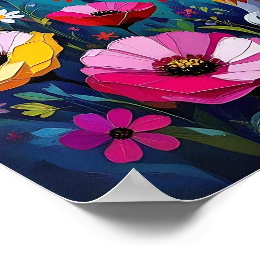 Pretty Colorful Impasto Cat and Flowers ポスター (角)