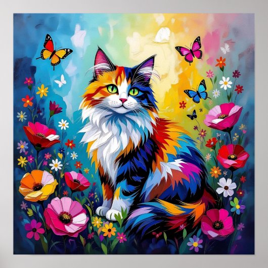 Pretty Colorful Impasto Cat and Flowers ポスター (正面)