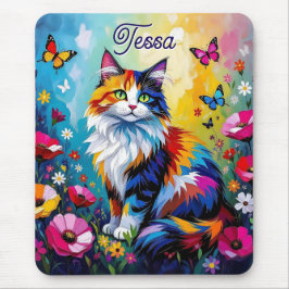 Pretty Colorful Impasto Cat and Flowers マウスパッド