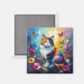 Pretty Colorful Impasto Cat and Flowers マグネット (正面/裏面)