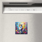 Pretty Colorful Impasto Cat and Flowers マグネット (インサイチュ (食洗機))