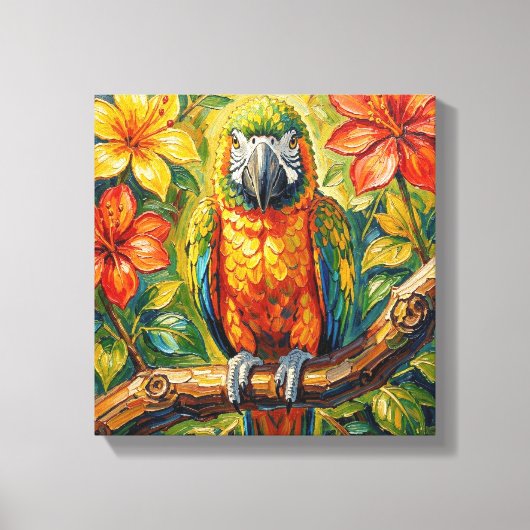 Pretty Colorful Impasto Parrot and Tropical Flower キャンバスプリント (正面)