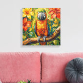 Pretty Colorful Impasto Parrot and Tropical Flower キャンバスプリント (インサイチュ (リビング))