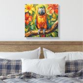 Pretty Colorful Impasto Parrot and Tropical Flower キャンバスプリント (インサイチュ (寝室))